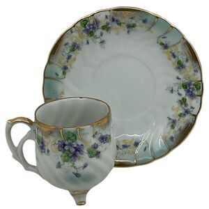 Hand Painted Lefton Teacup with‎ Saucer China 3 Footed Demitasse Violets Vintage